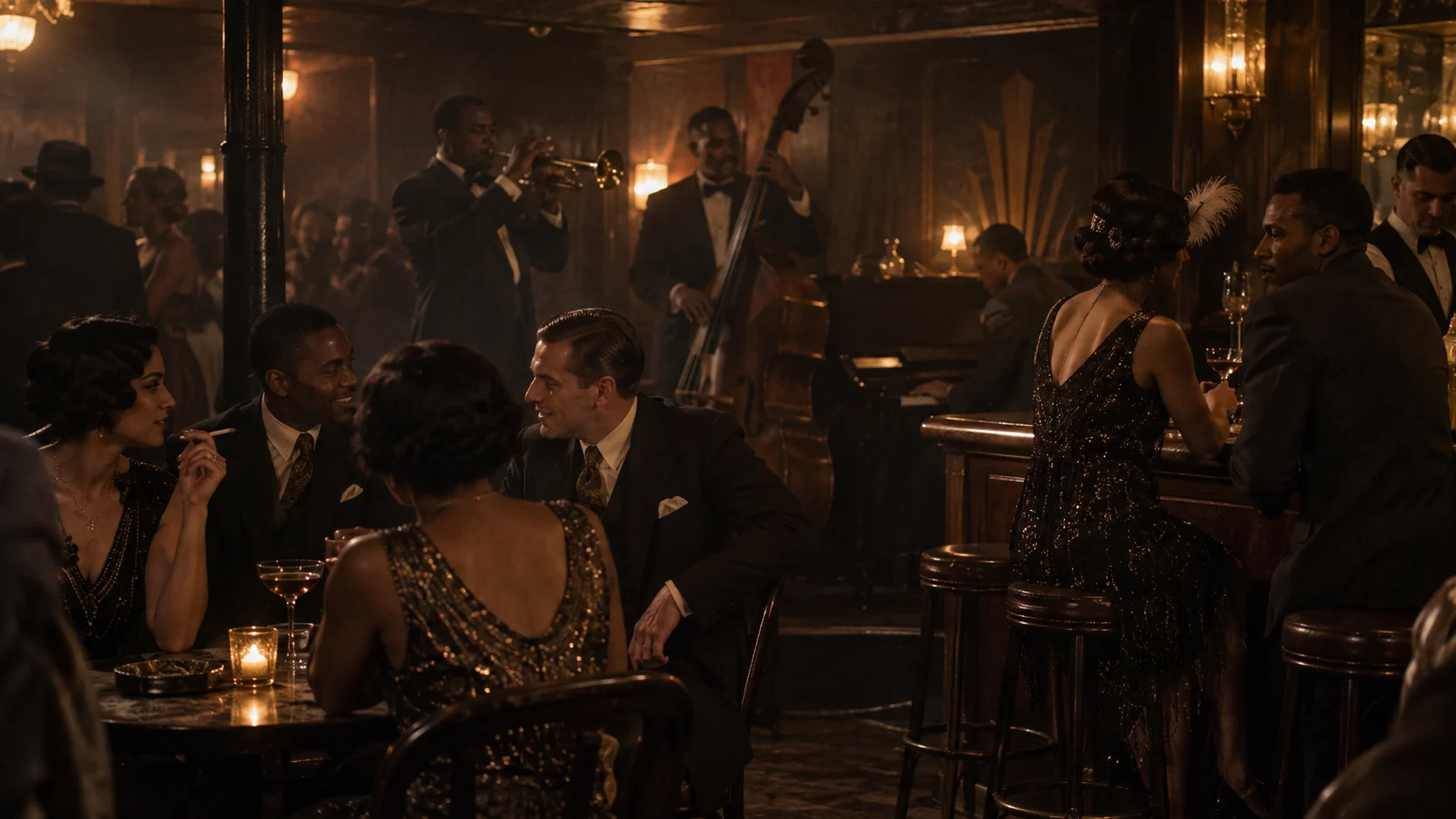 Guests and a jazz trio inside a warmly lit 1920s speakeasy