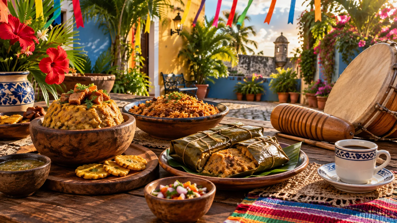 Puerto Rican table with mofongo, rice, pasteles, coffee, drum, and g&uuml;iro