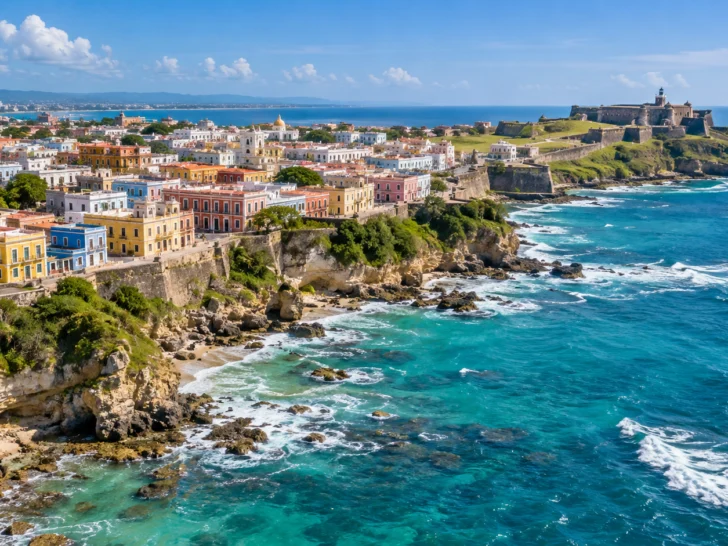 Aerial Puerto Rico coast with turquoise water, colorful rooftops, and historic fort
