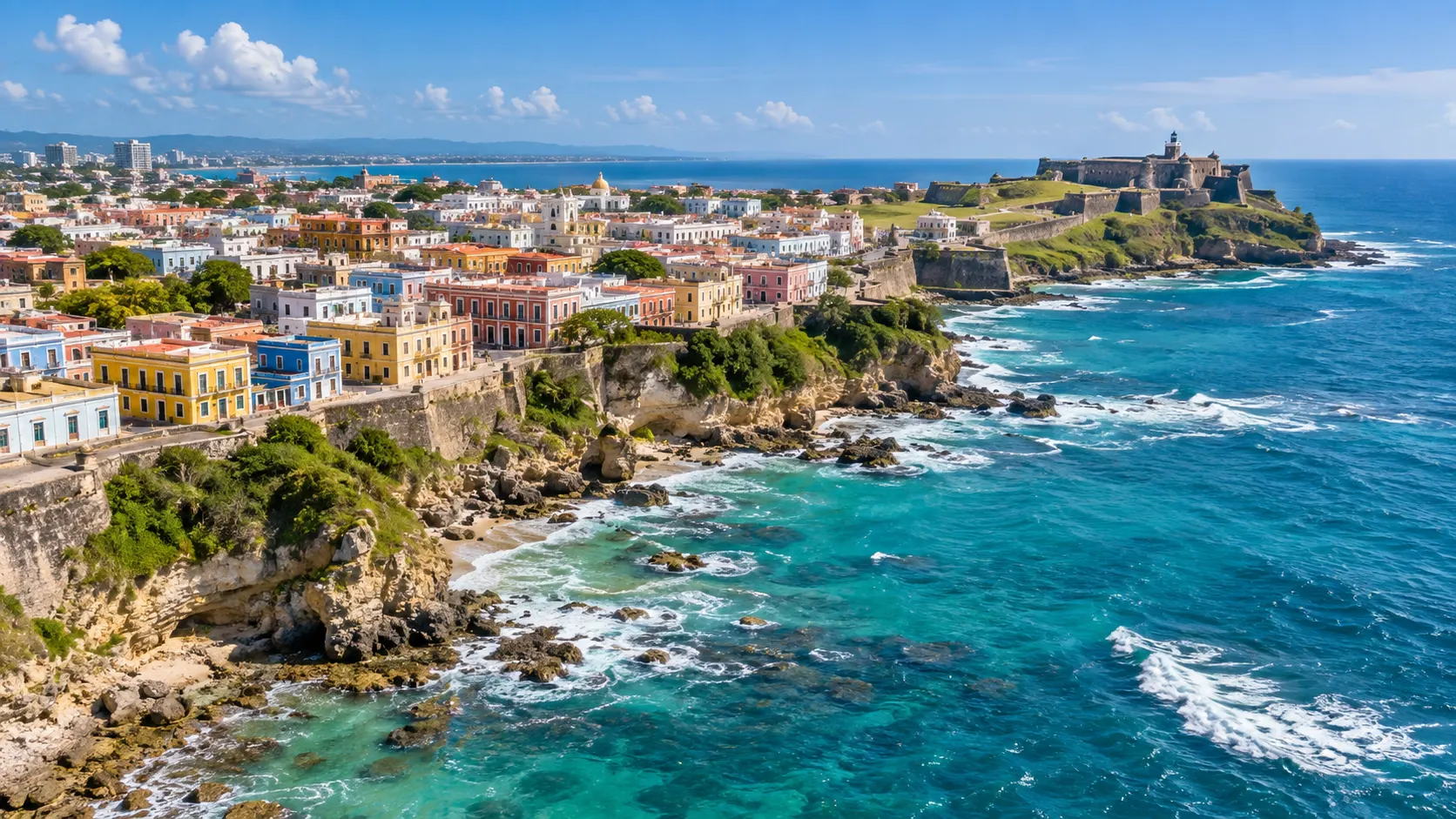 Aerial Puerto Rico coast with turquoise water, colorful rooftops, and historic fort