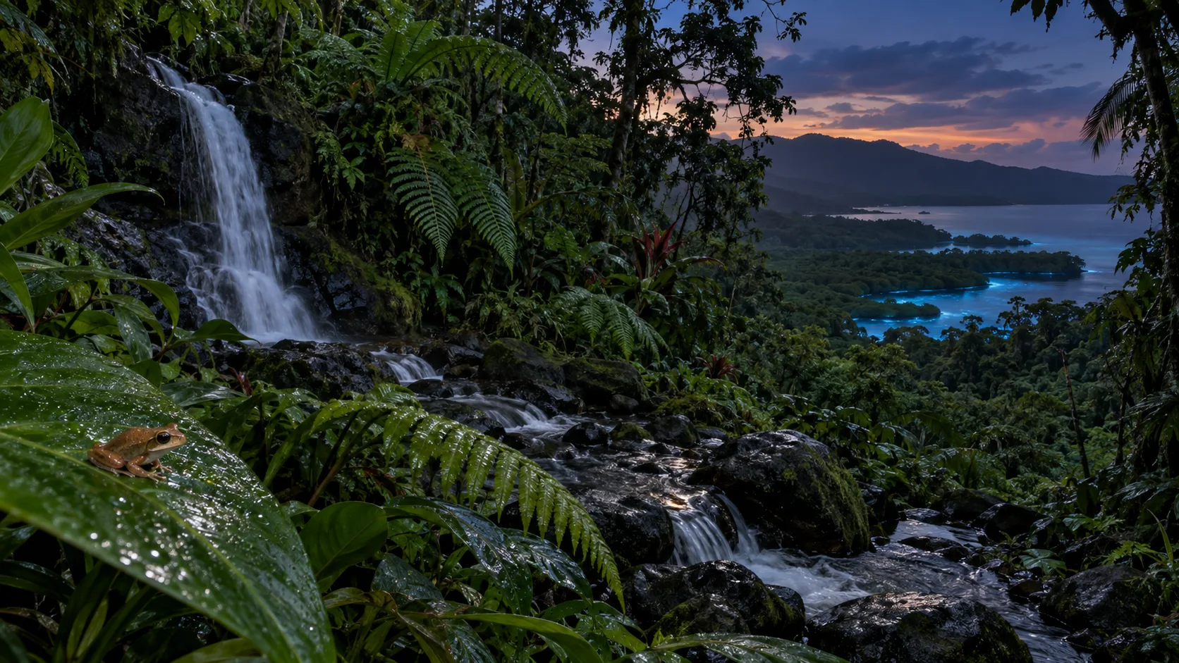 Puerto Rican rainforest with waterfall, coqu&iacute; frog, ferns, and glowing bay