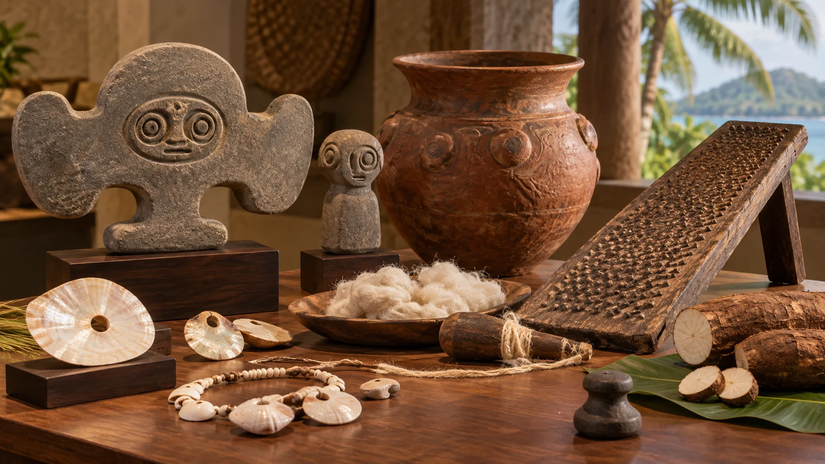 Museum display of Ta&iacute;no-inspired stone objects, clay vessel, fiber, and shell ornaments