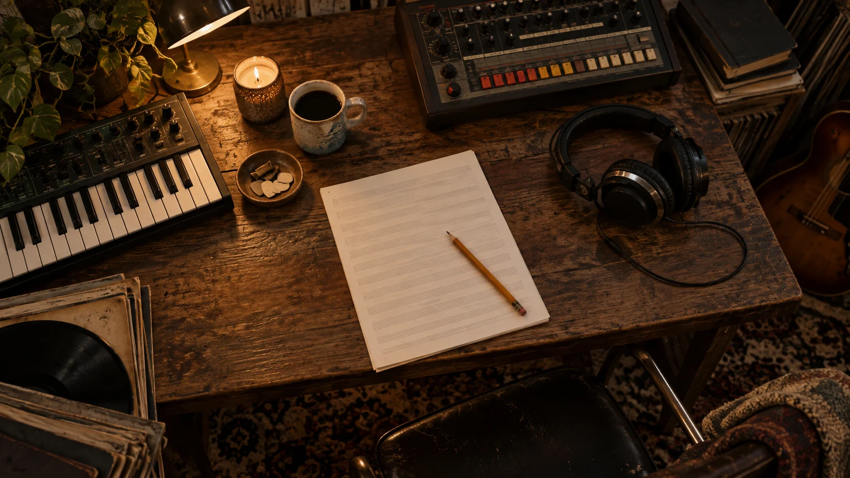 Headphones keyboard drum machine and blank manuscript paper on a desk