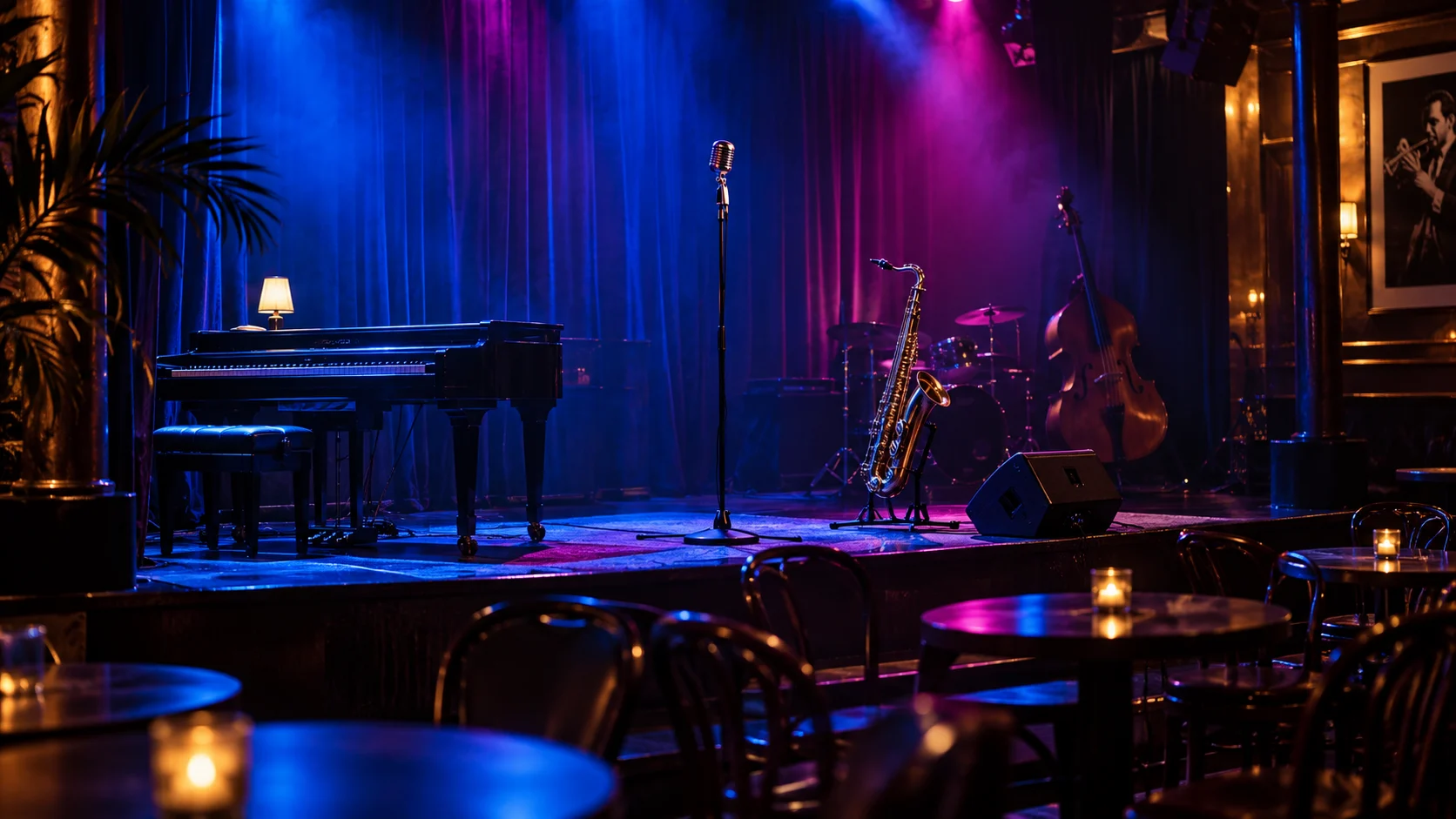 Rhythm-and-blues club stage with microphone keyboard and saxophone