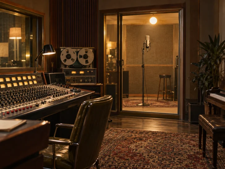 Warm vintage soul recording studio with ribbon microphone and piano