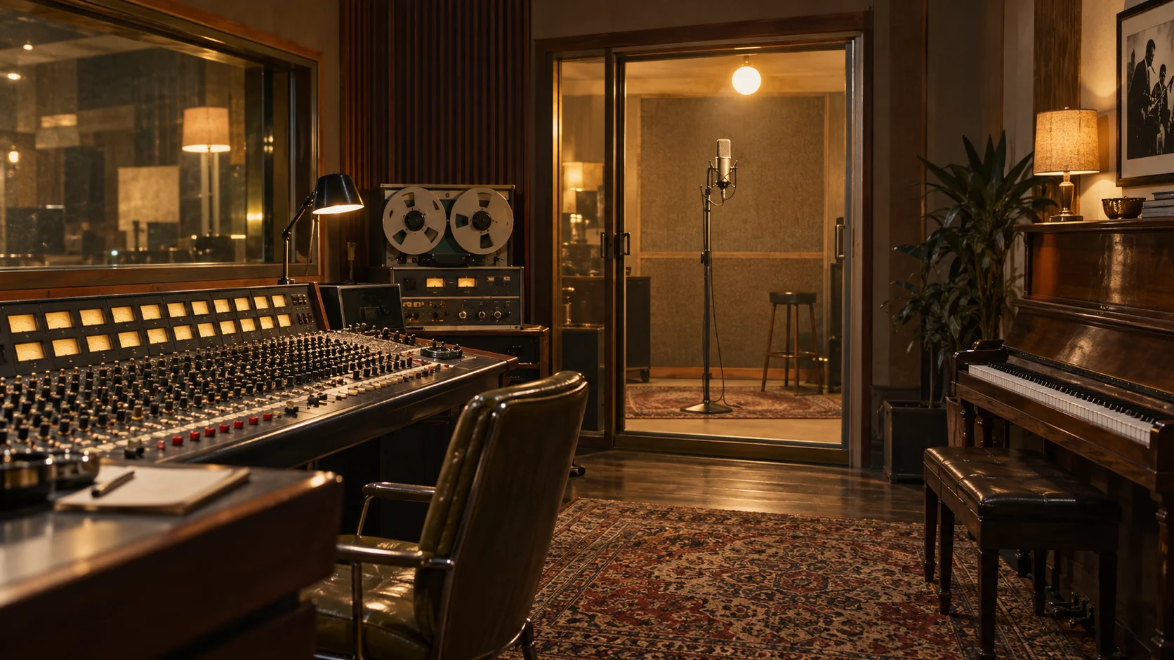 Warm vintage soul recording studio with ribbon microphone and piano