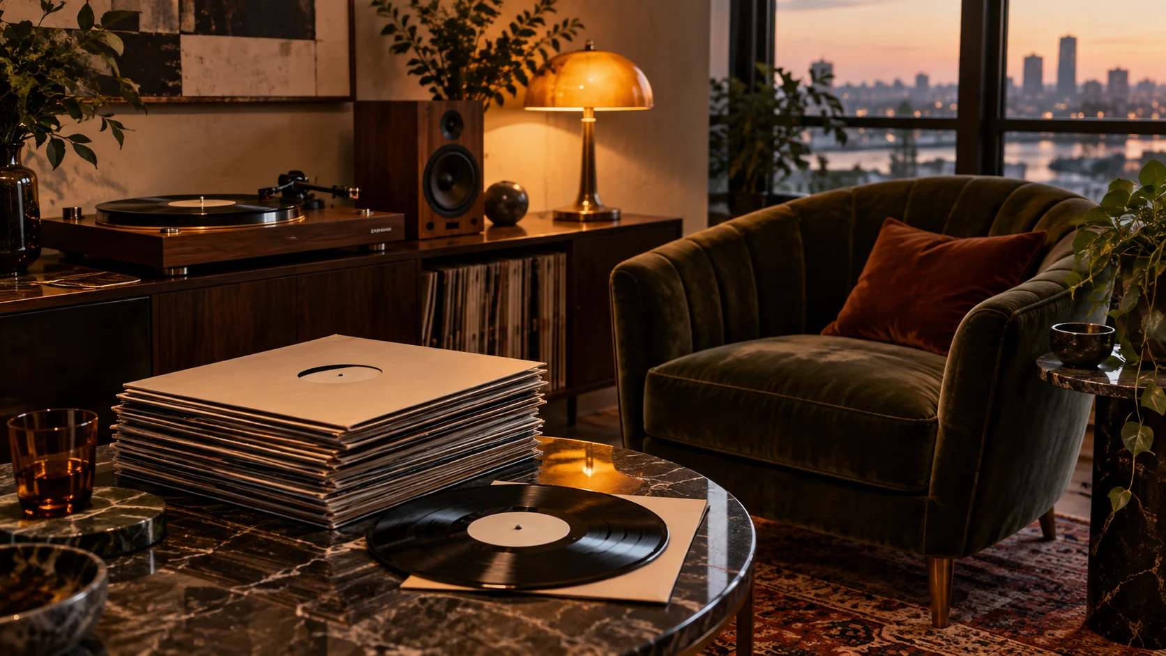 Turntable and blank-label vinyl records in an elegant listening room