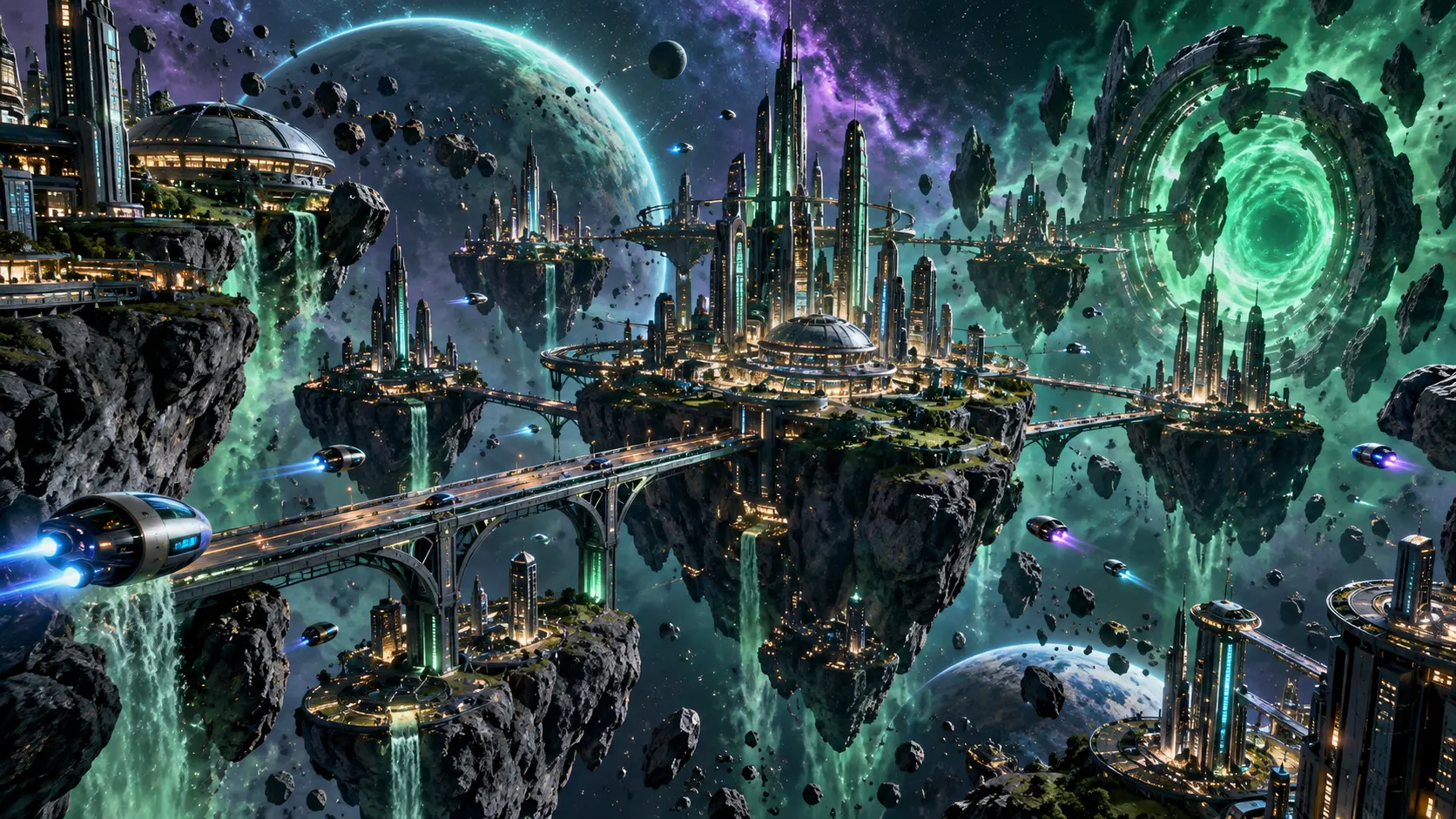 A futuristic city spread across floating asteroid fragments