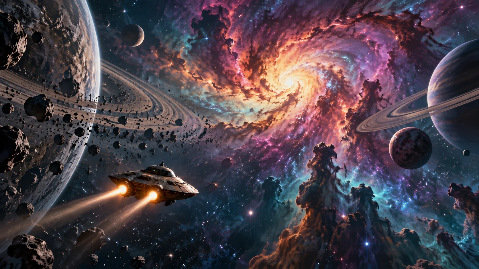 A retro-futuristic saucer crossing a colorful alien solar system