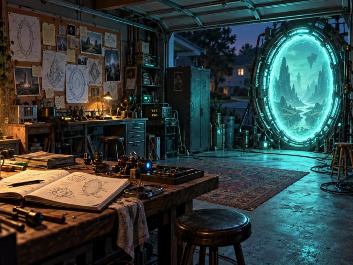 A cluttered suburban garage laboratory with a glowing turquoise portal