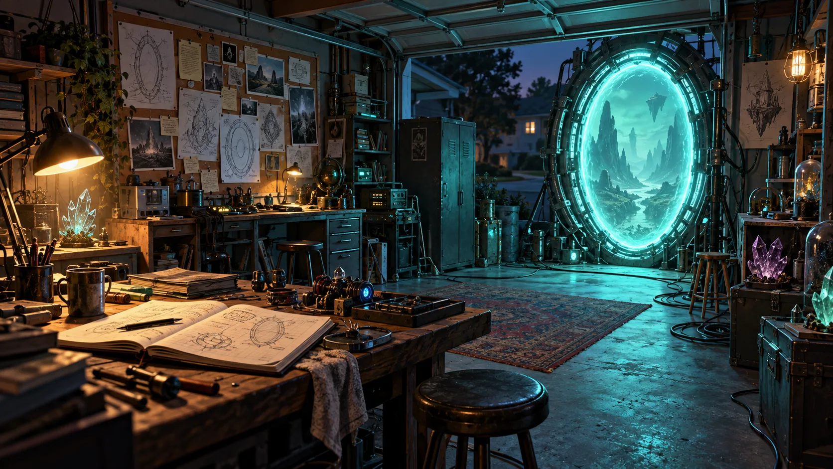 A cluttered suburban garage laboratory with a glowing turquoise portal