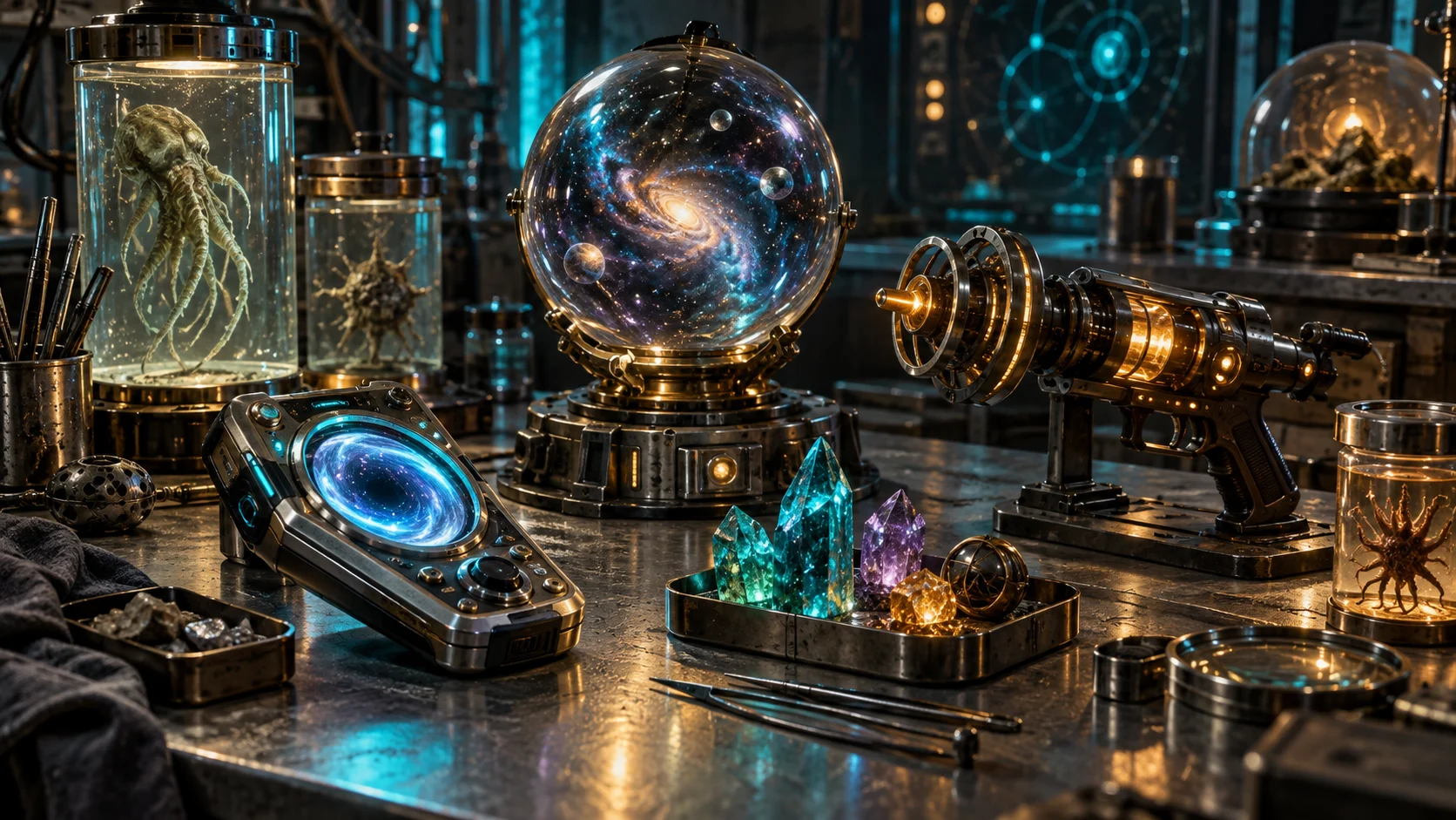 Strange science inventions and alien specimens arranged on a workbench