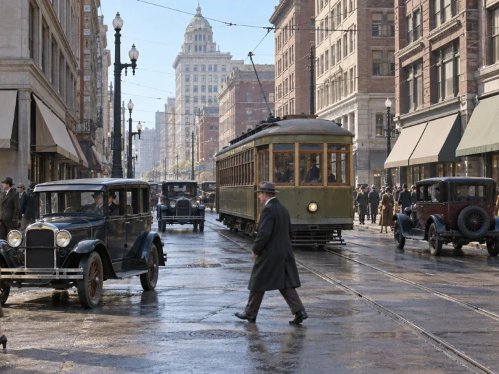 1920s automobiles and an electric streetcar on a busy downtown avenue