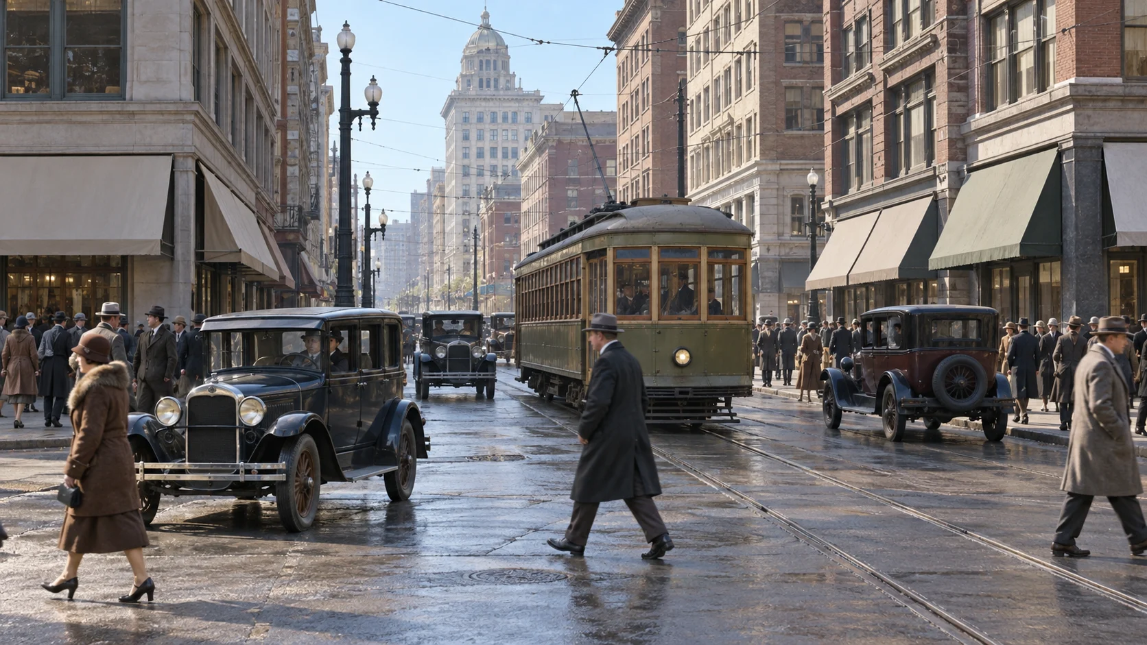 1920s automobiles and an electric streetcar on a busy downtown avenue