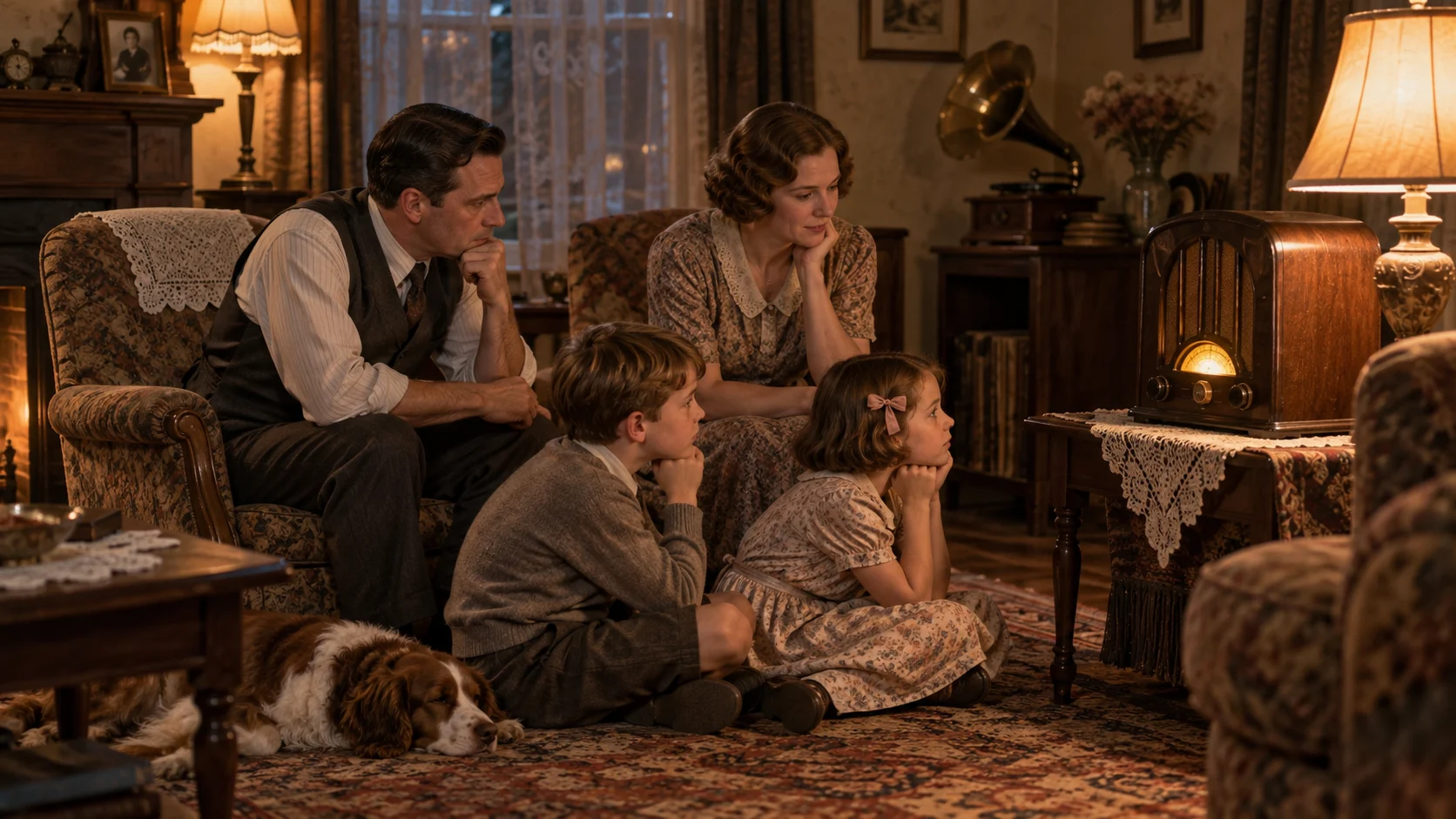 A family gathered around a wooden tabletop radio in a 1920s living room