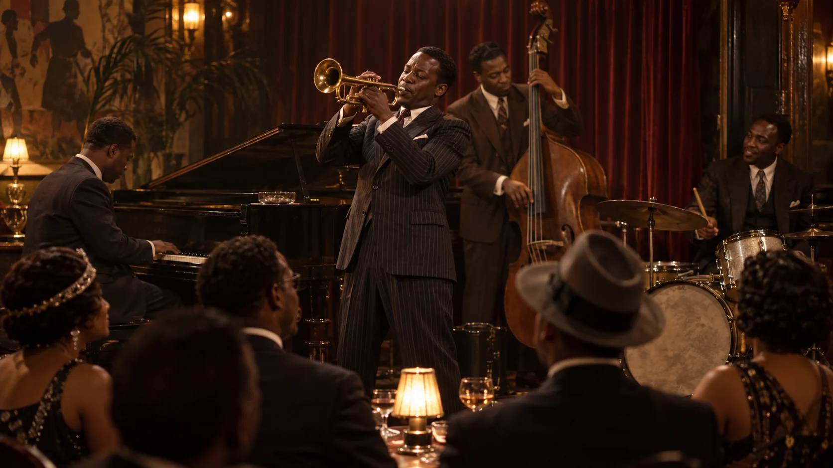 A Black jazz quartet performing for a Harlem nightclub audience
