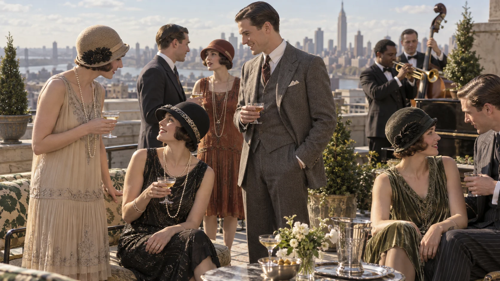Young adults wearing 1920s fashions at a New York rooftop gathering