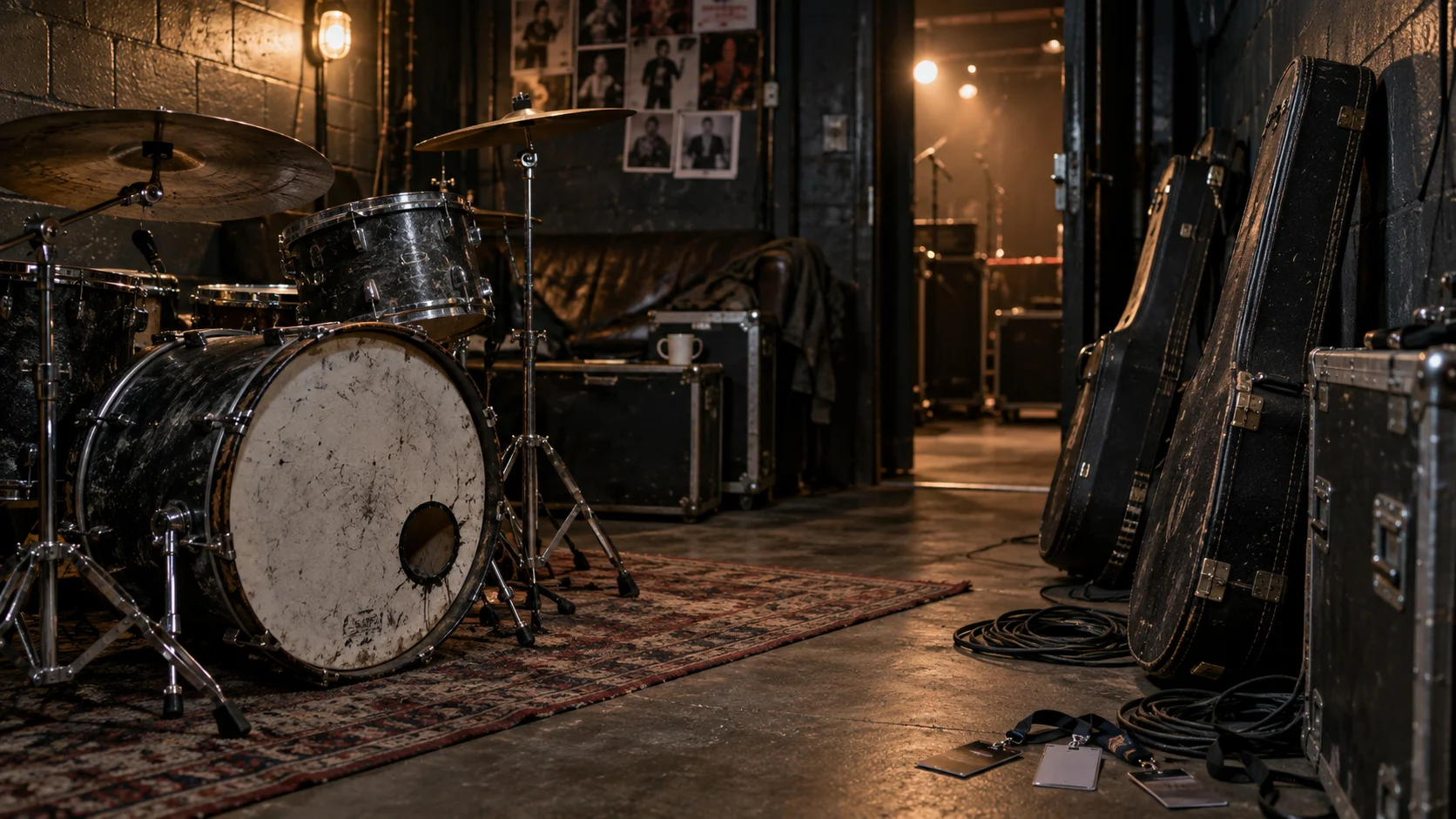 Drum kit guitar cases and coiled cables in a gritty backstage room
