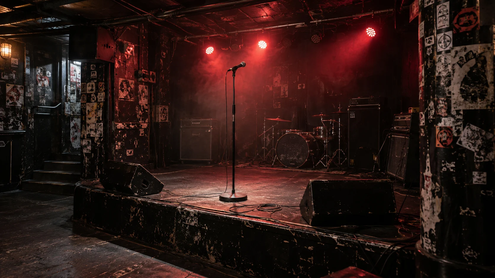 Small underground punk club with a microphone and red stage lights