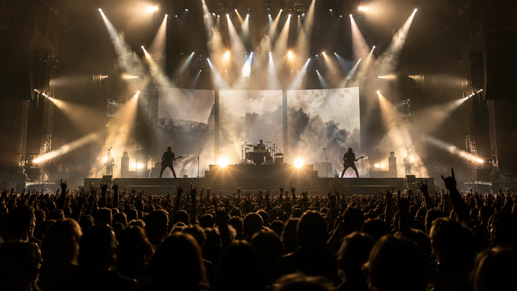 Massive rock concert stage with spotlights and anonymous musicians