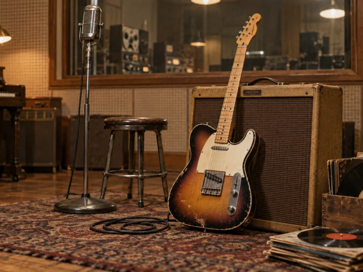 Vintage electric guitar and tube amplifier in a 1950s recording room