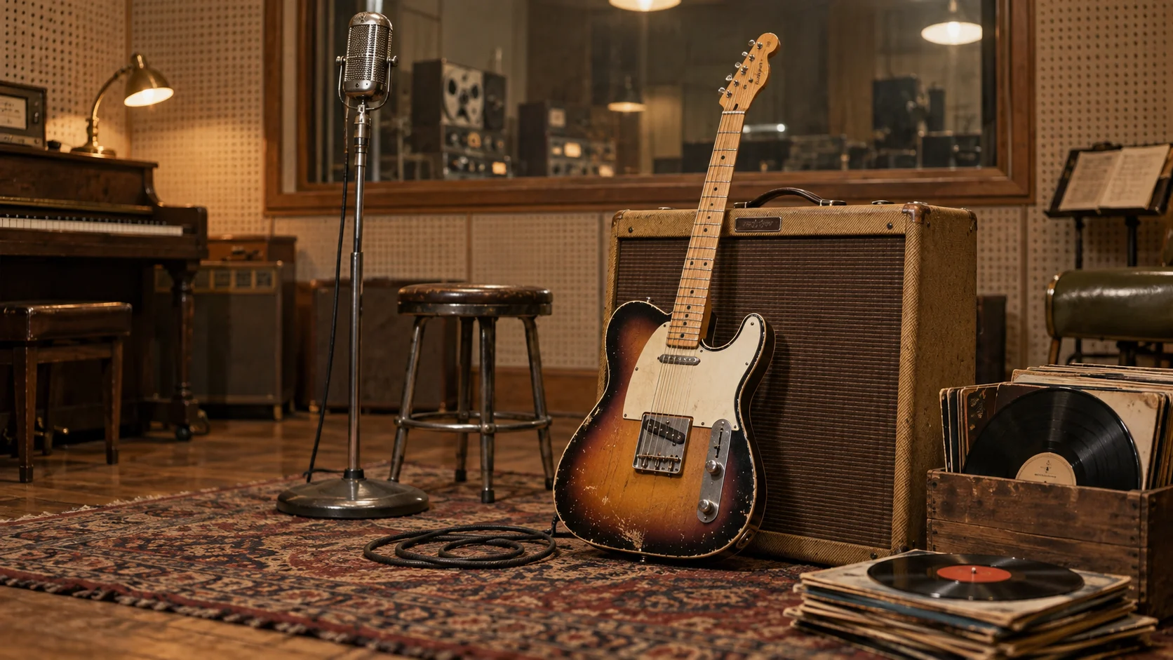 Vintage electric guitar and tube amplifier in a 1950s recording room