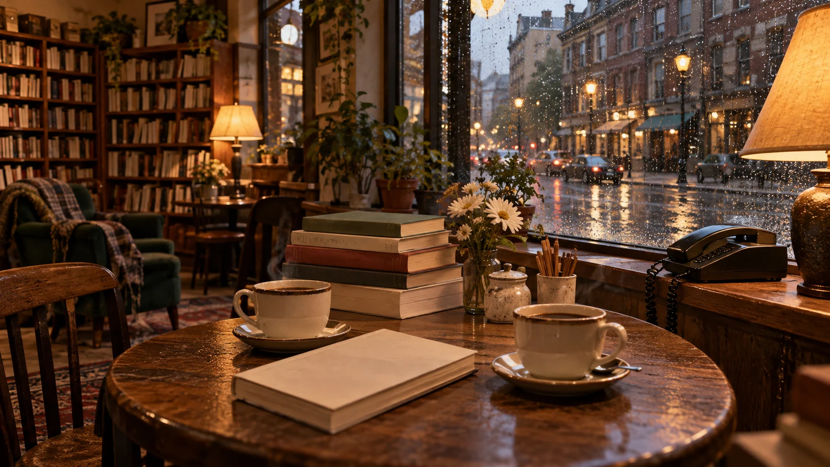 Cozy 1990s bookstore caf&eacute; with coffee cups, books, telephone, and rainy windows