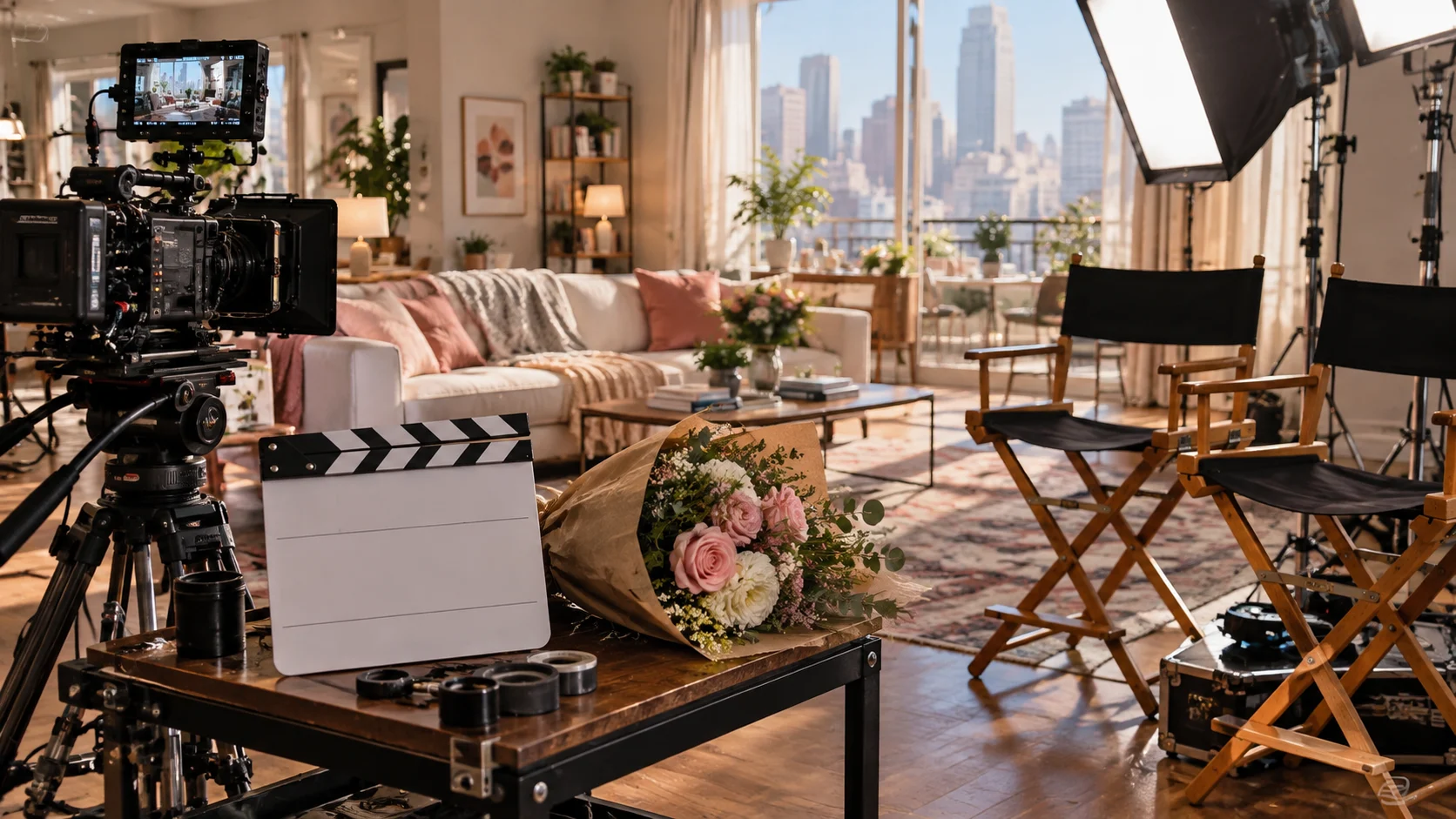 Romantic comedy film set with camera, blank slate, bouquet, and director chairs