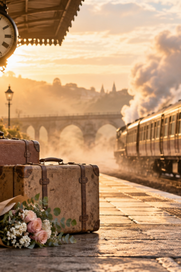Classic train platform with vintage suitcases, bouquet, clock, and departing steam train