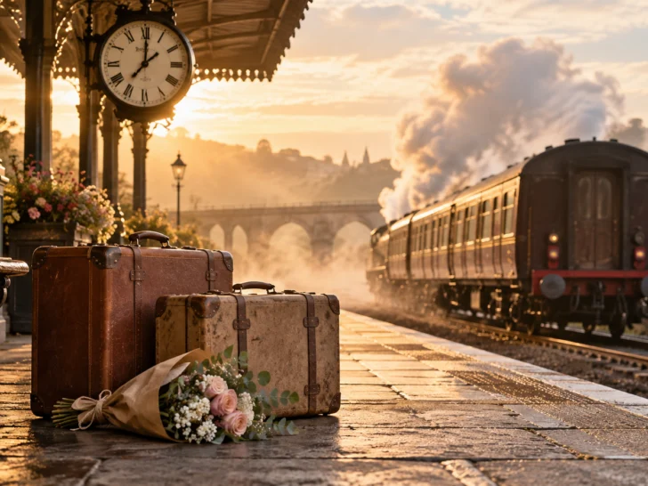 Classic train platform with vintage suitcases, bouquet, clock, and departing steam train