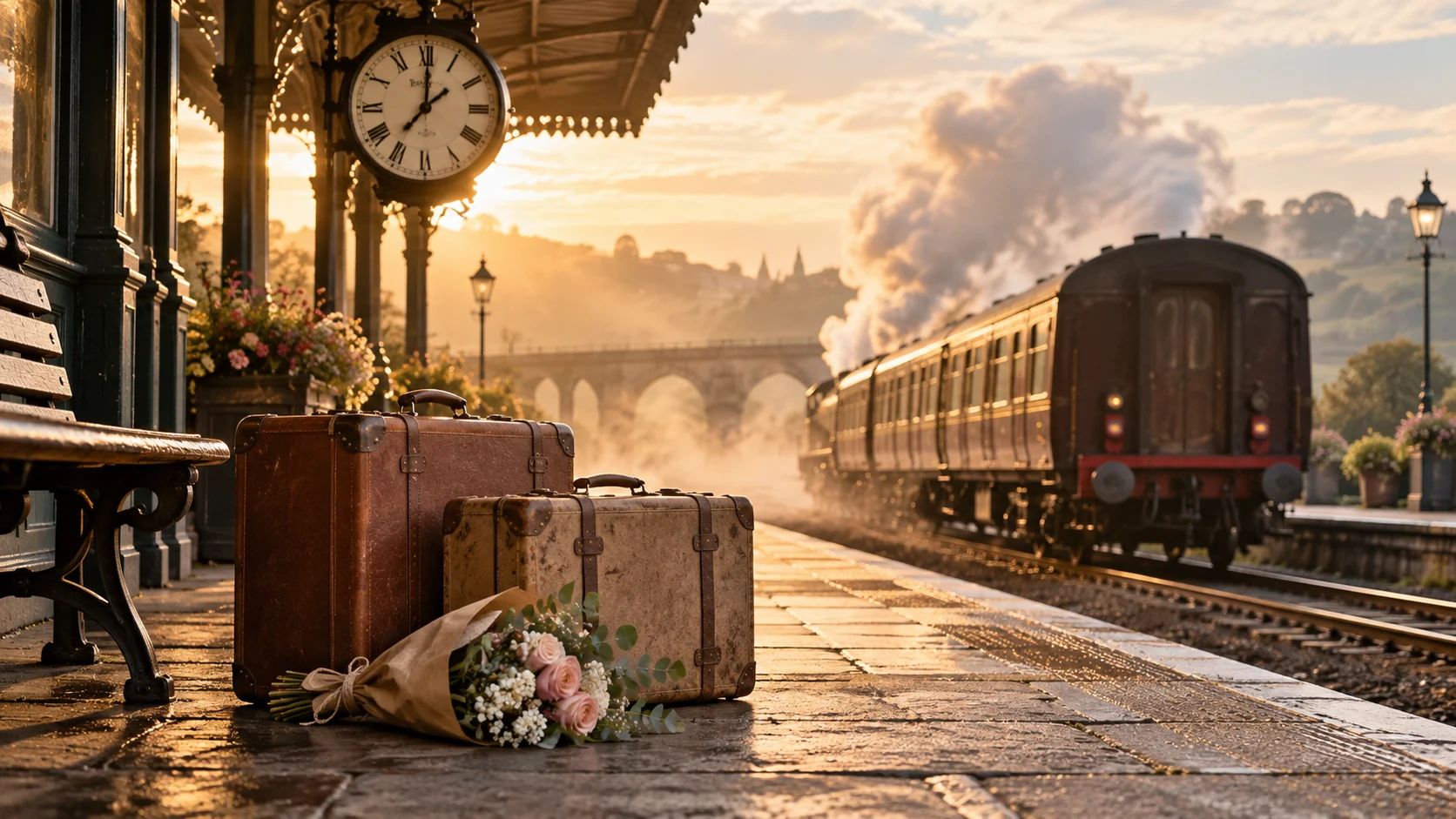 Classic train platform with vintage suitcases, bouquet, clock, and departing steam train