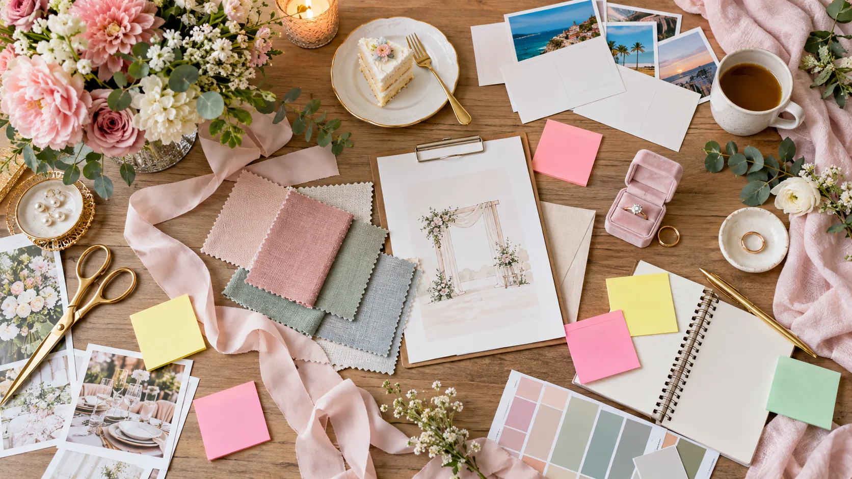 Wedding-planning table with flowers, fabric swatches, rings, and cake sample