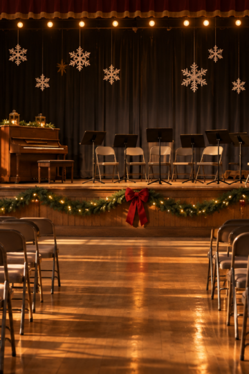 An empty community auditorium waits for a children's holiday music rehearsal.