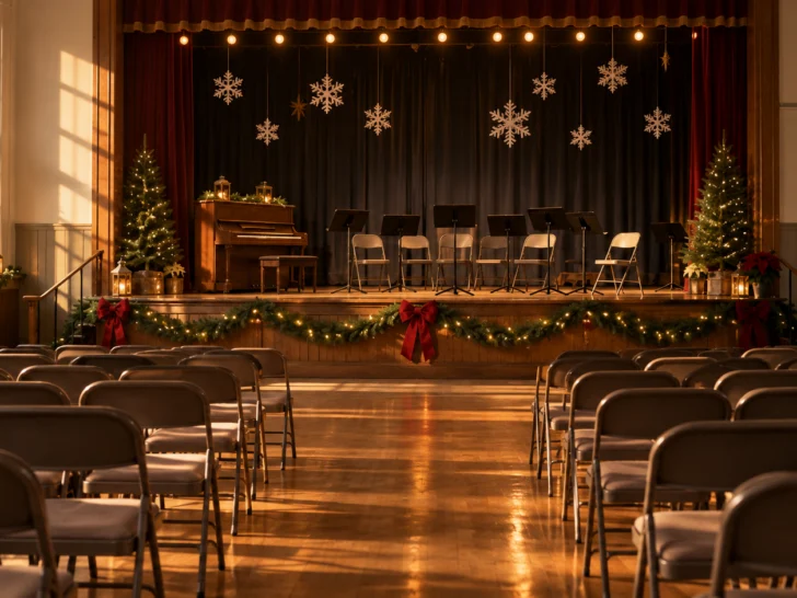 An empty community auditorium waits for a children's holiday music rehearsal.