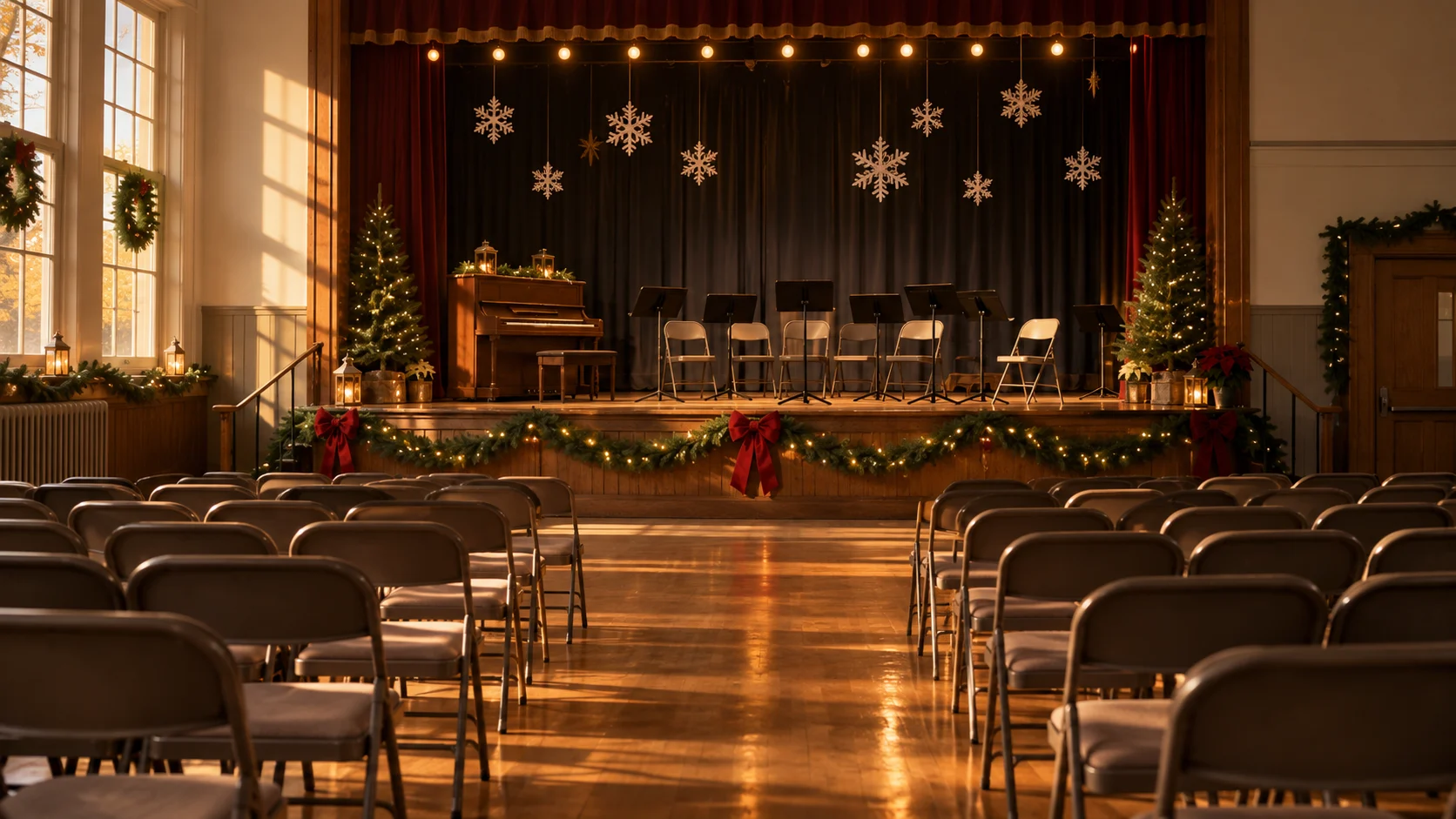 An empty community auditorium waits for a children's holiday music rehearsal.