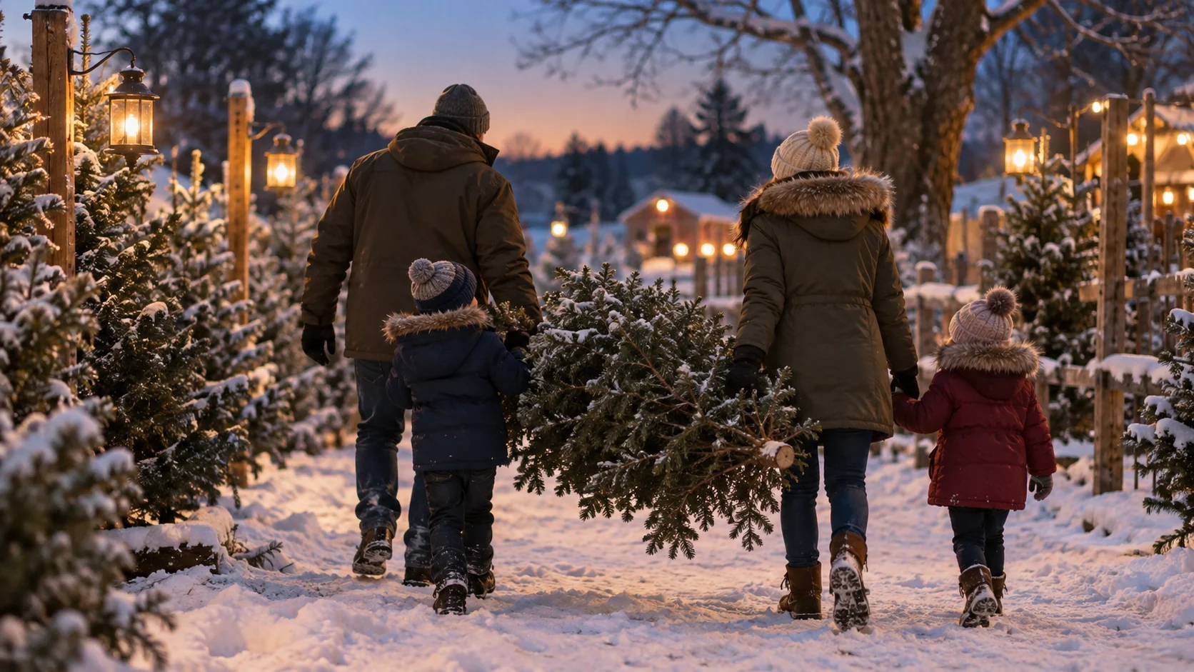 A family carries a small evergreen sapling through a snowy tree lot.