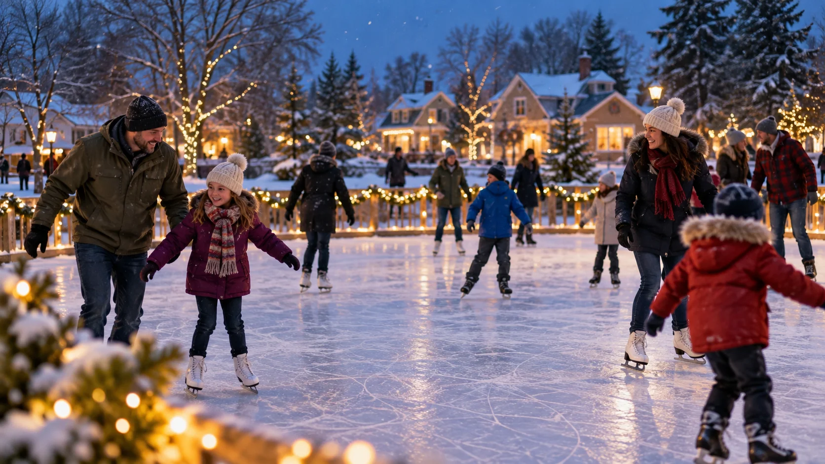 Families and friends skate together on a snowy neighborhood ice rink.