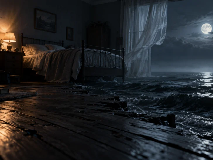 An empty moonlit bedroom dissolves into dark ocean waves.
