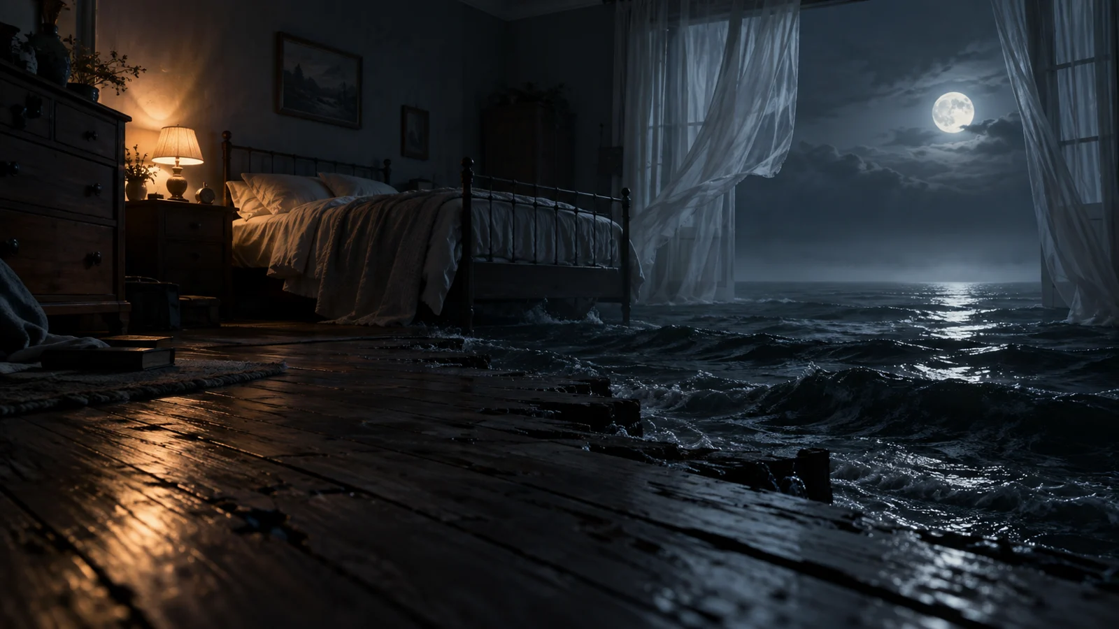 An empty moonlit bedroom dissolves into dark ocean waves.
