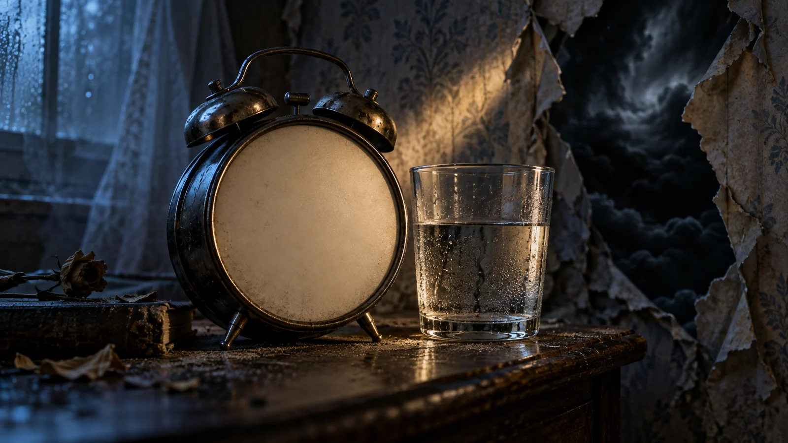 A blank alarm clock and water glass sit beside a wall opening onto storm clouds.