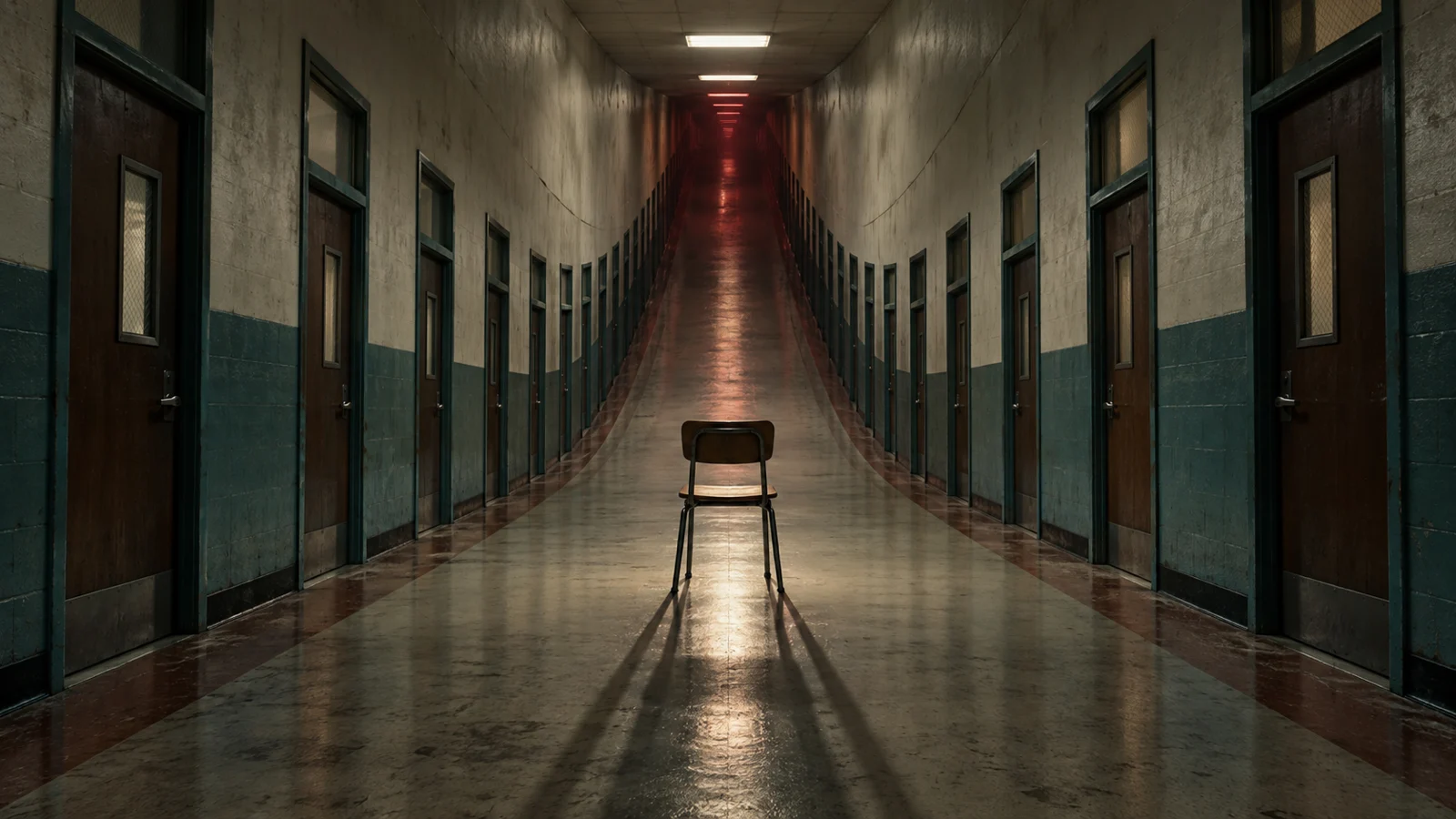 An empty chair sits in a school corridor that bends upward into darkness.