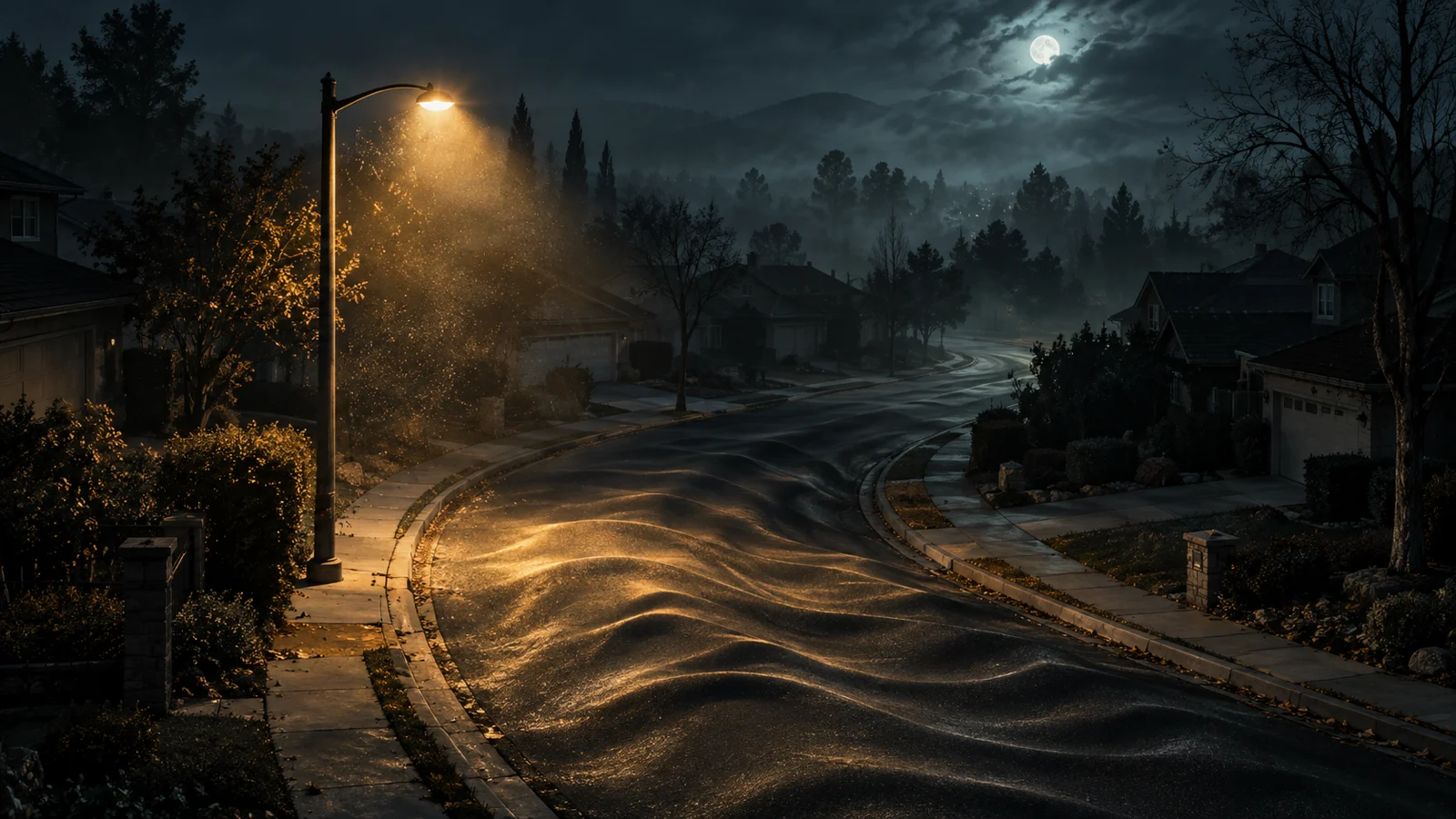 A deserted moonlit suburban road ripples beneath a lone streetlamp.