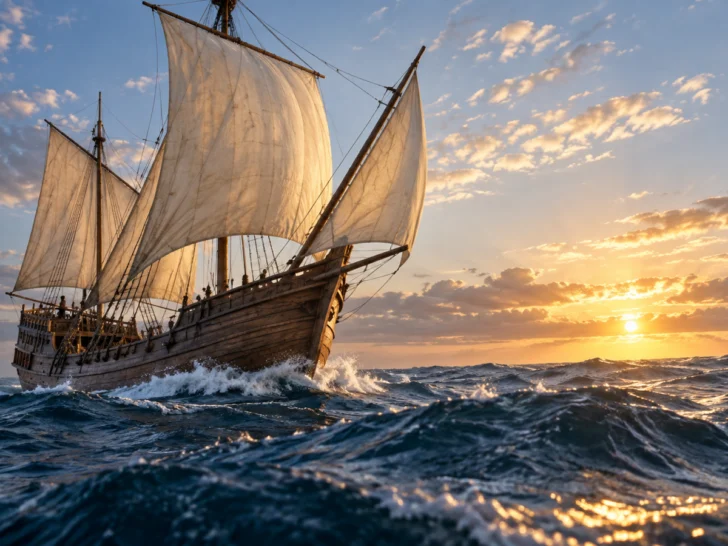 Wooden sailing ship crossing a rolling Atlantic swell at dawn