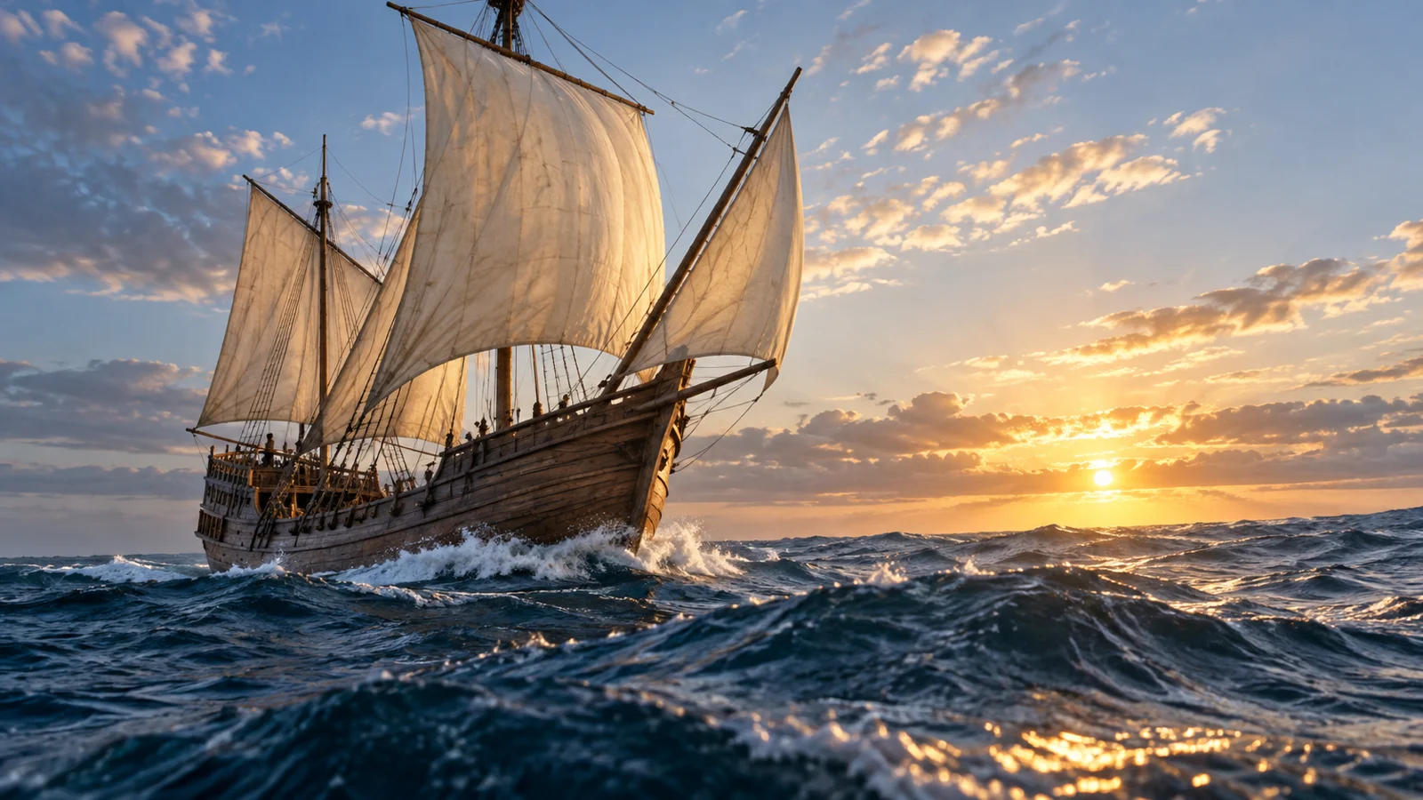 Wooden sailing ship crossing a rolling Atlantic swell at dawn