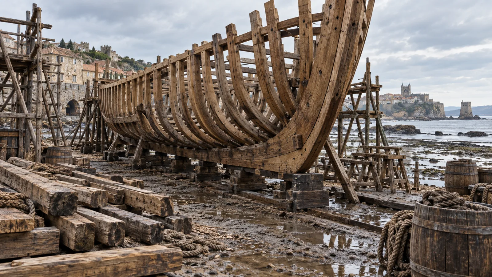 Craftsmen shaping a wooden ship keel in a sunlit coastal shipyard