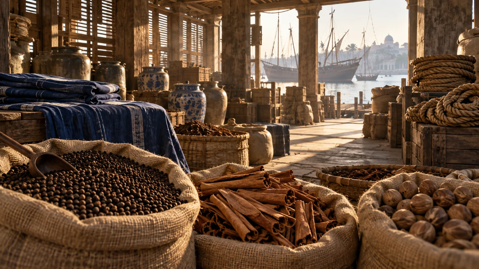 Spices, indigo cloth, rope, and pottery in an Indian Ocean port warehouse