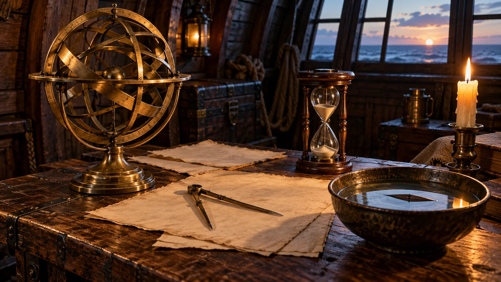 Navigation instruments and blank parchment arranged on a wooden cabin table