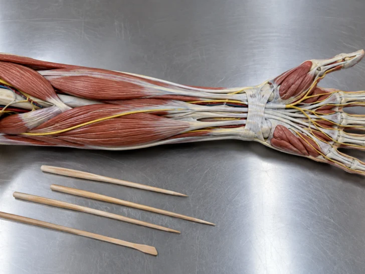Synthetic forearm model showing muscles, tendons, bones, and nerves