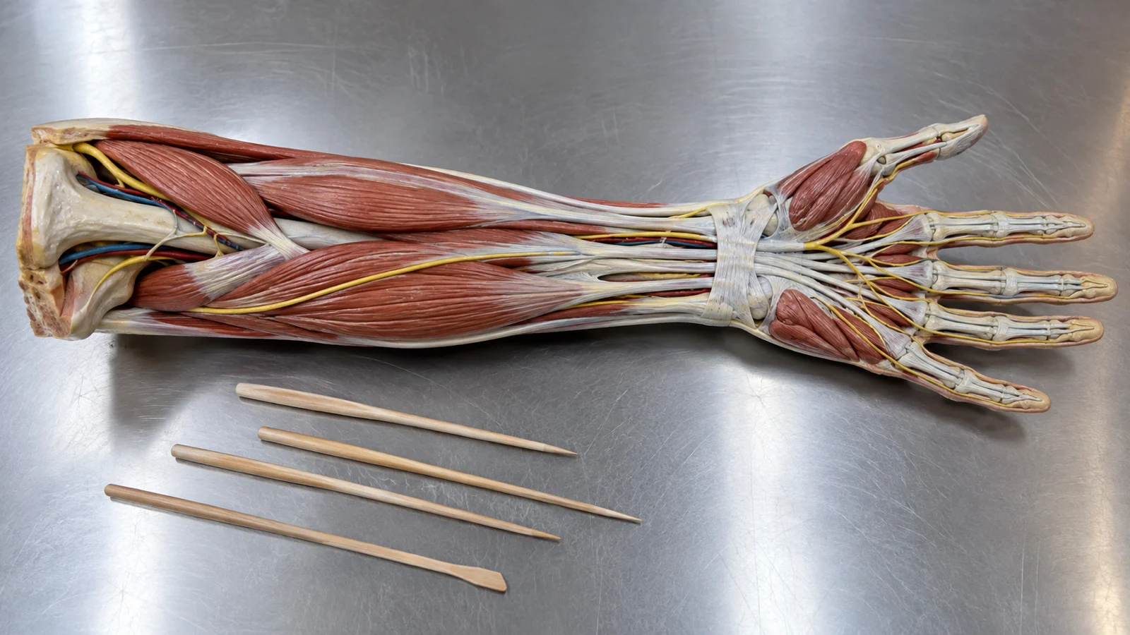 Synthetic forearm model showing muscles, tendons, bones, and nerves
