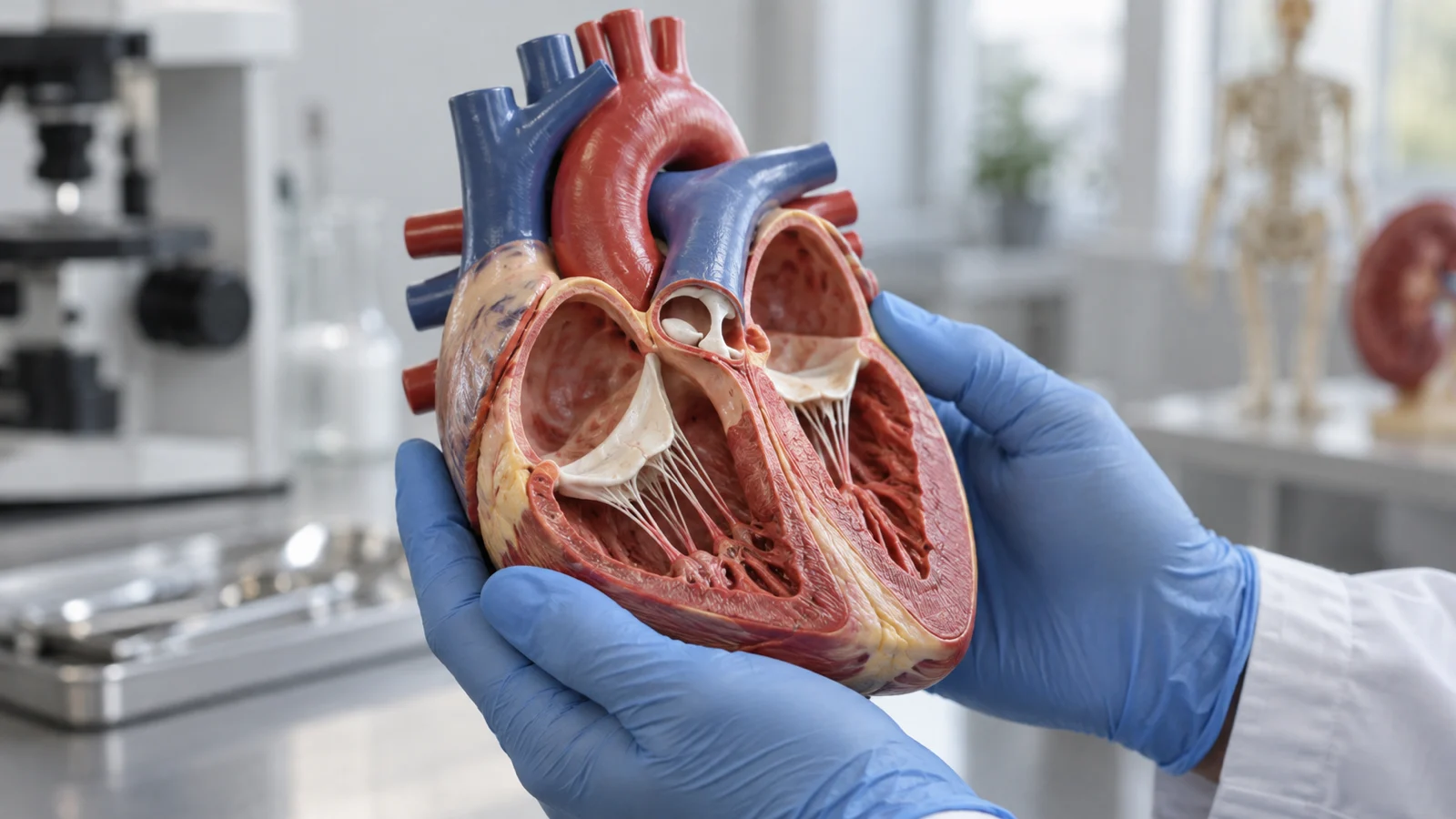 Blue-gloved hands holding a detailed synthetic model of the human heart